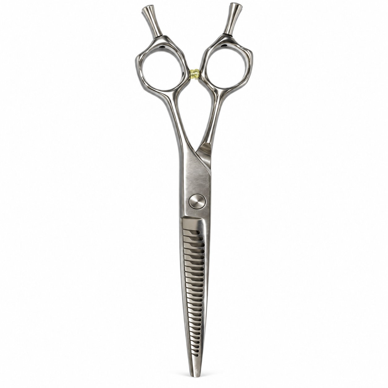 Silver 440C curved thinning shears on a white background