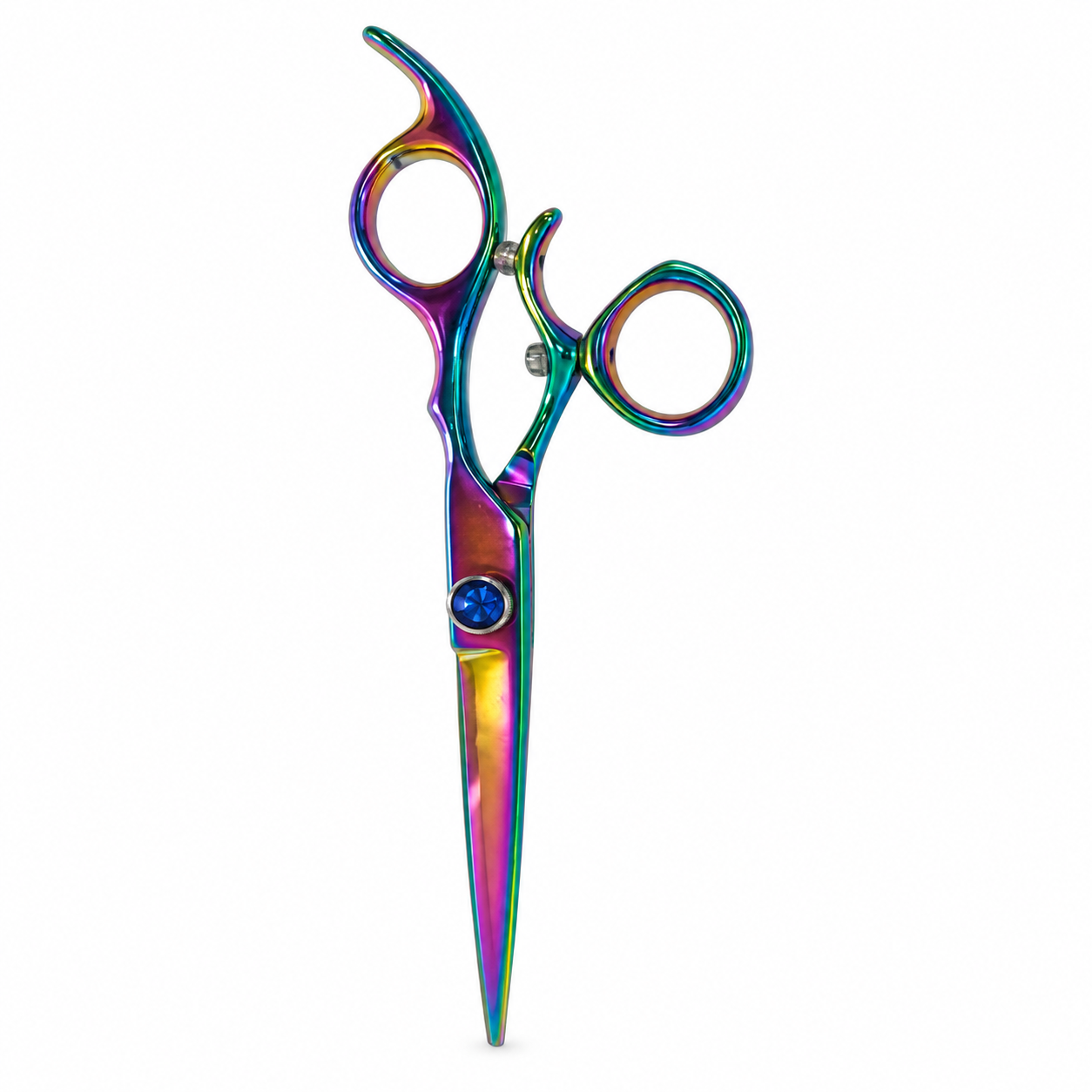 Rainbow-finish 440C pet grooming shears with offset handle on a white background